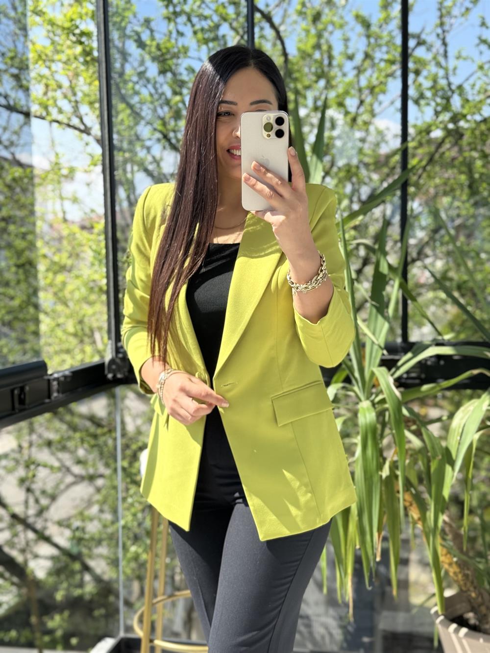 Tek Düğme Blazer Ceket Kivi Yeşili