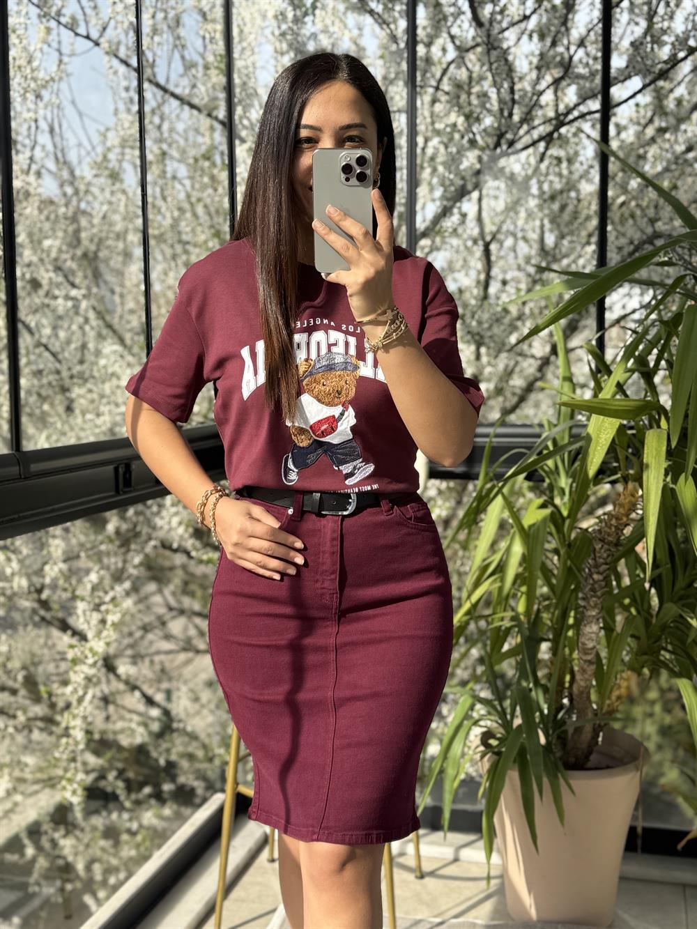 California Yazılı Tişört Bordo