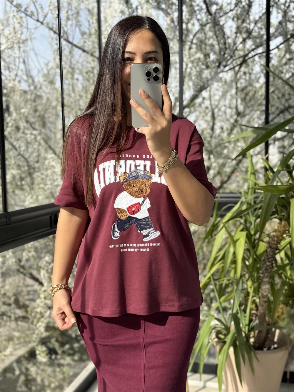 California Yazılı Tişört Bordo