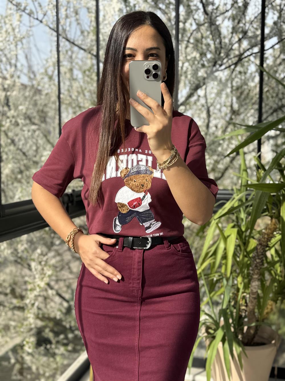 California Yazılı Tişört Bordo