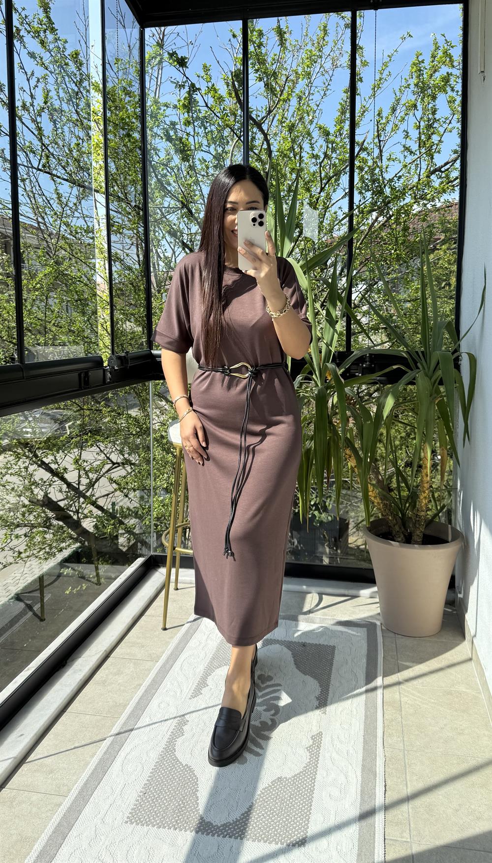 Kemerli Modal Elbise Kahve