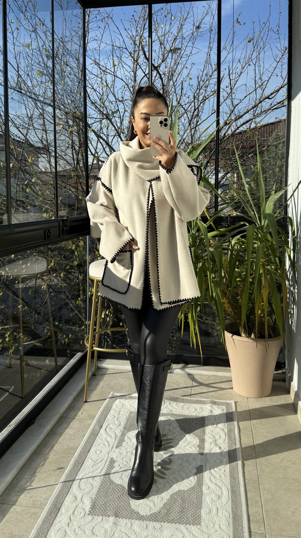 Şal Yaka Kaşe Kimono Ceket Bej