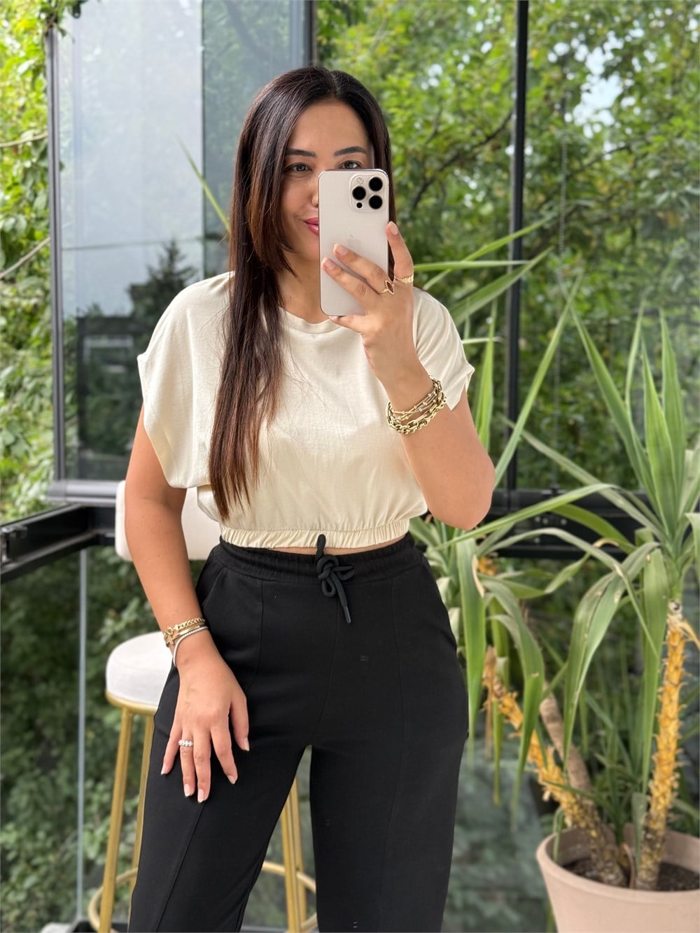 Beli Lastikli Crop Tişört Bej