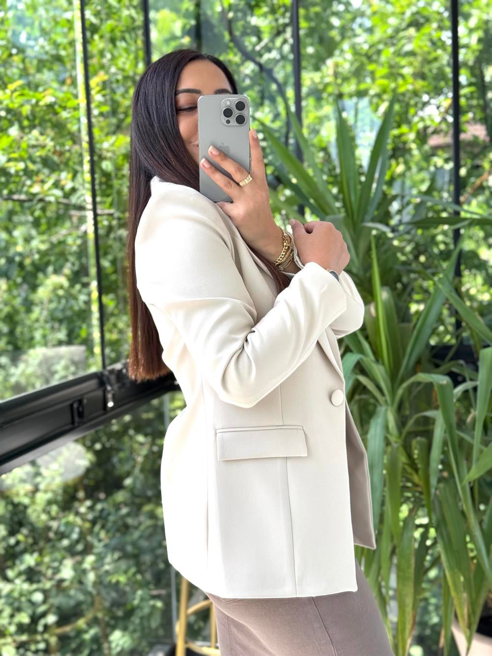 Tek Düğme Blazer Ceket Bej