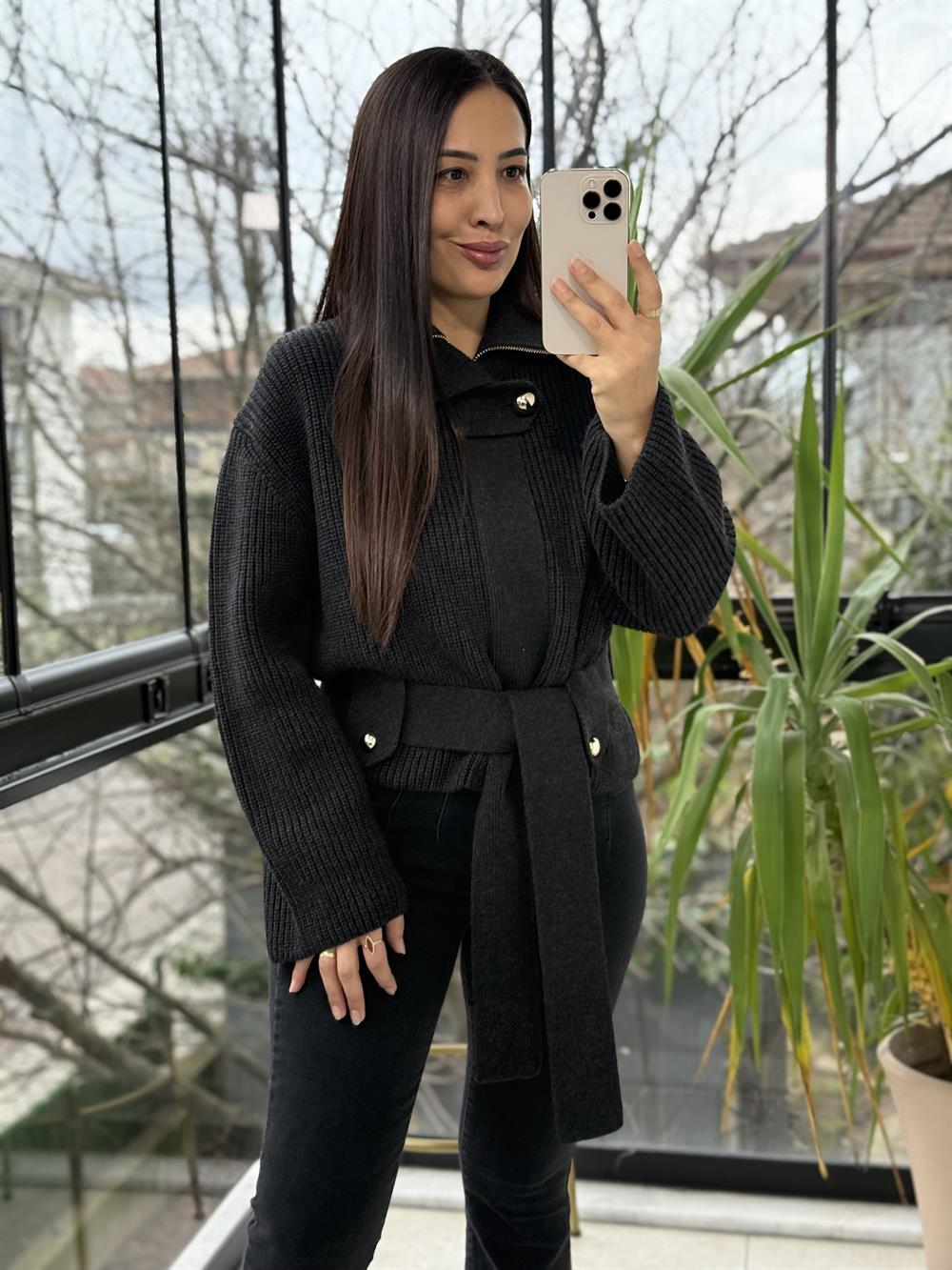 Dilvin Fermuarlı Kemerli Düğmeli Yünlü Triko Hırka Antrasit