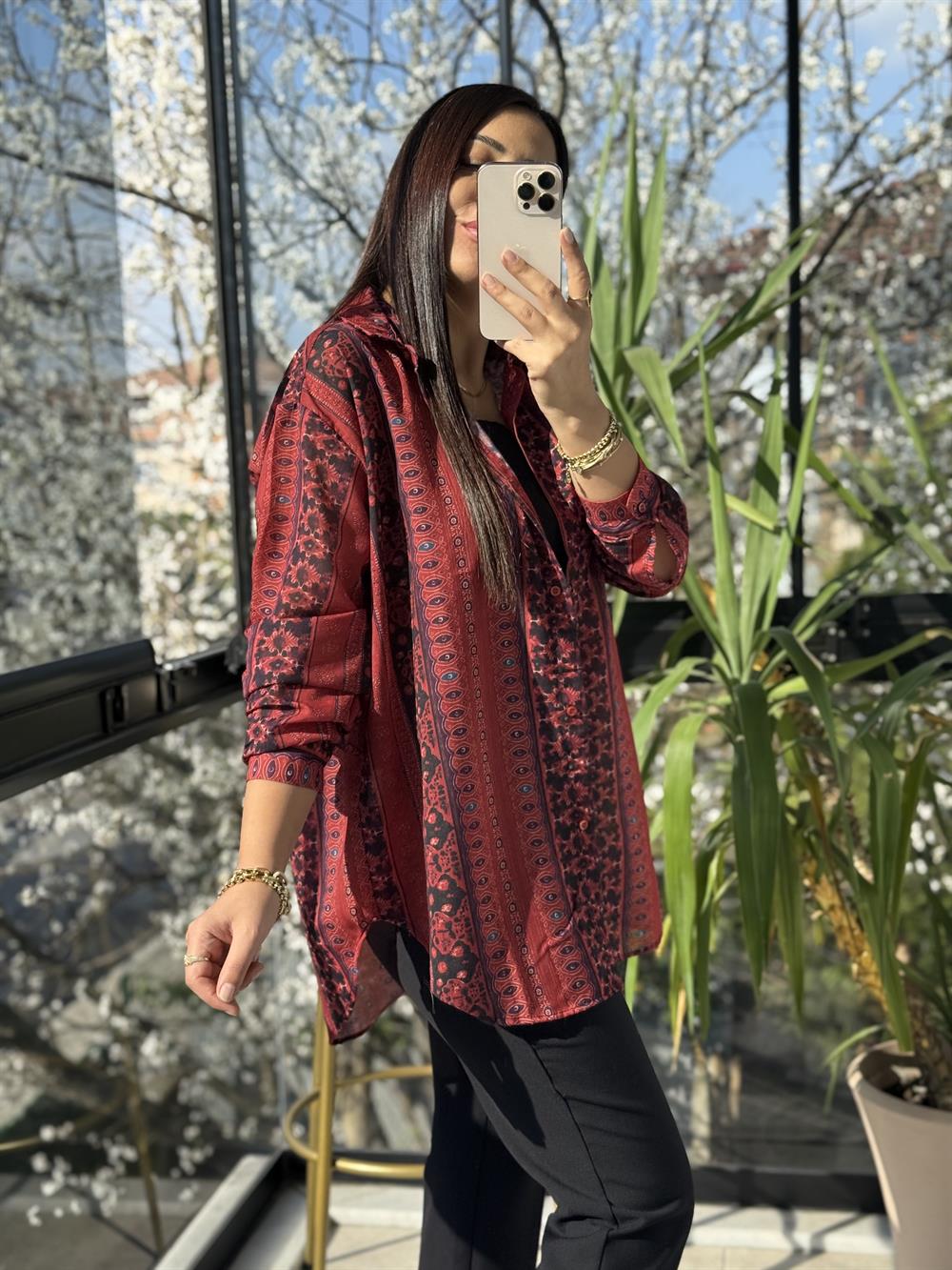 Etnik Desenli Pamuklu Gömlek Kırmızı 