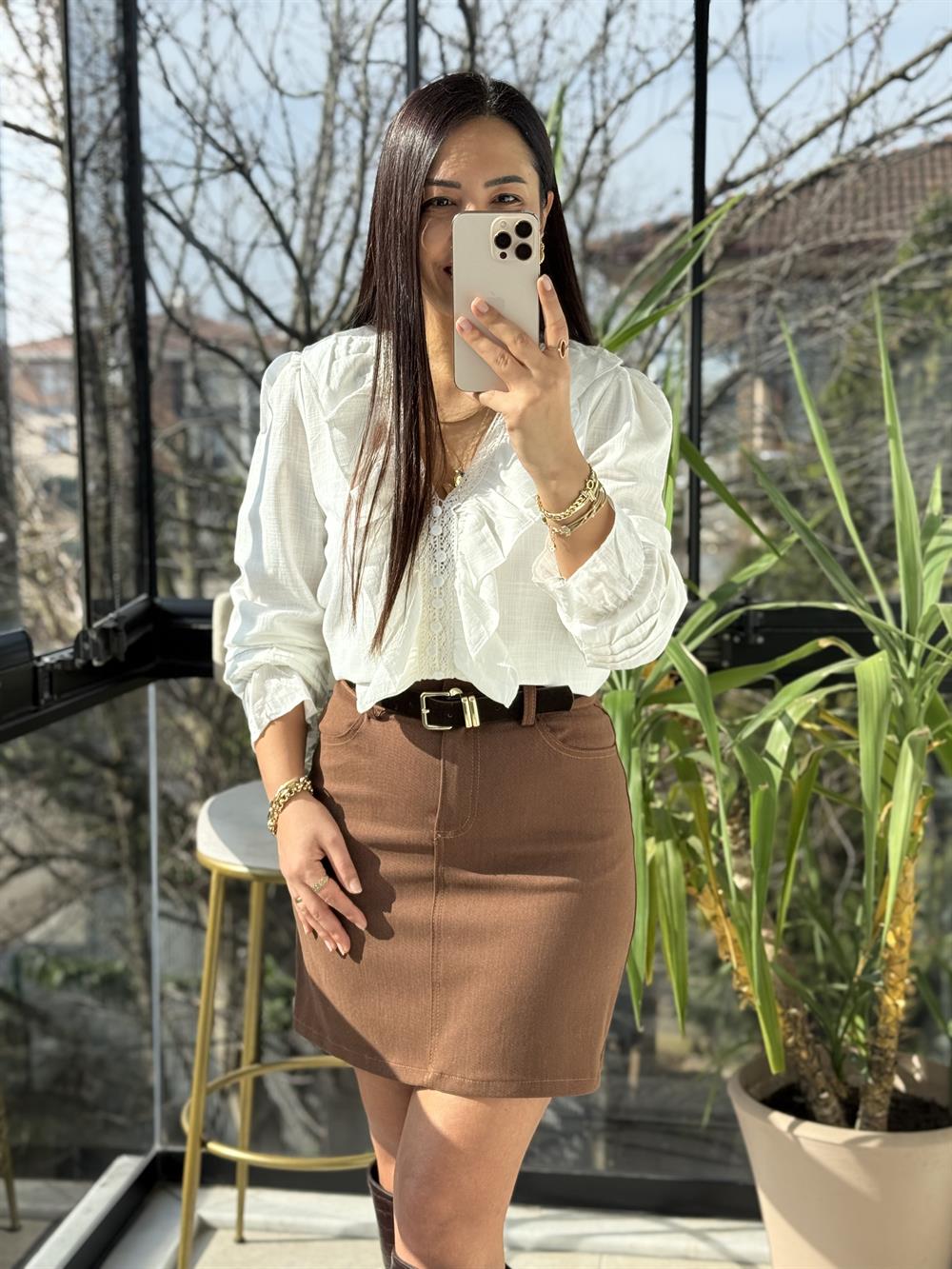 Önü Fırfırlı Bluz Gömlek Ekru
