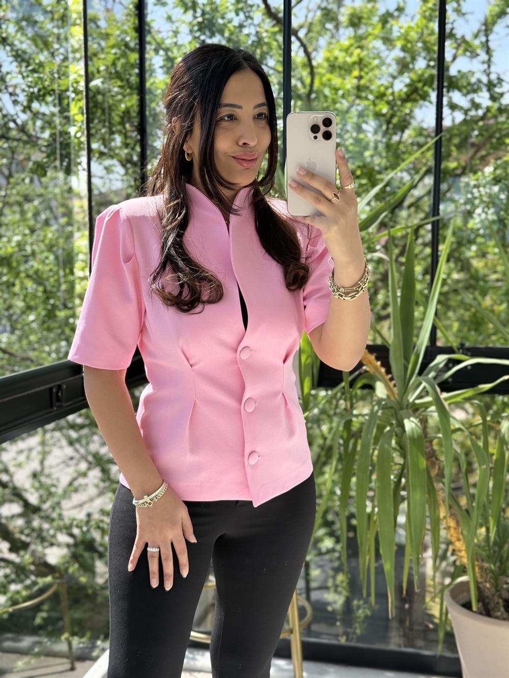 Pileli 3 Düğme Kısa Kol Ceket Pembe