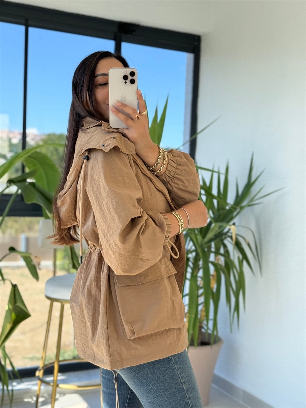 Beli Büzgülü Kapüşonlu Yağmurluk Camel