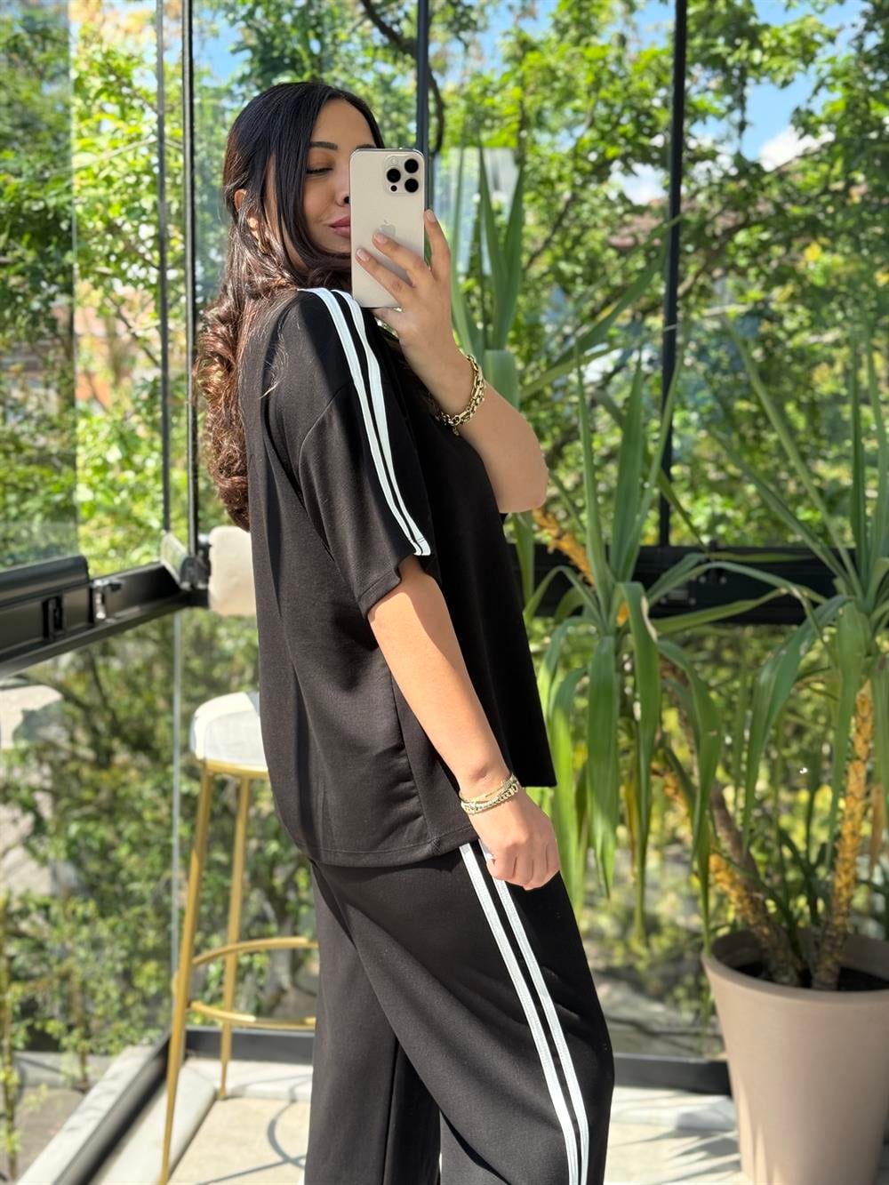 Şerit Detaylı Cool Takım Siyah