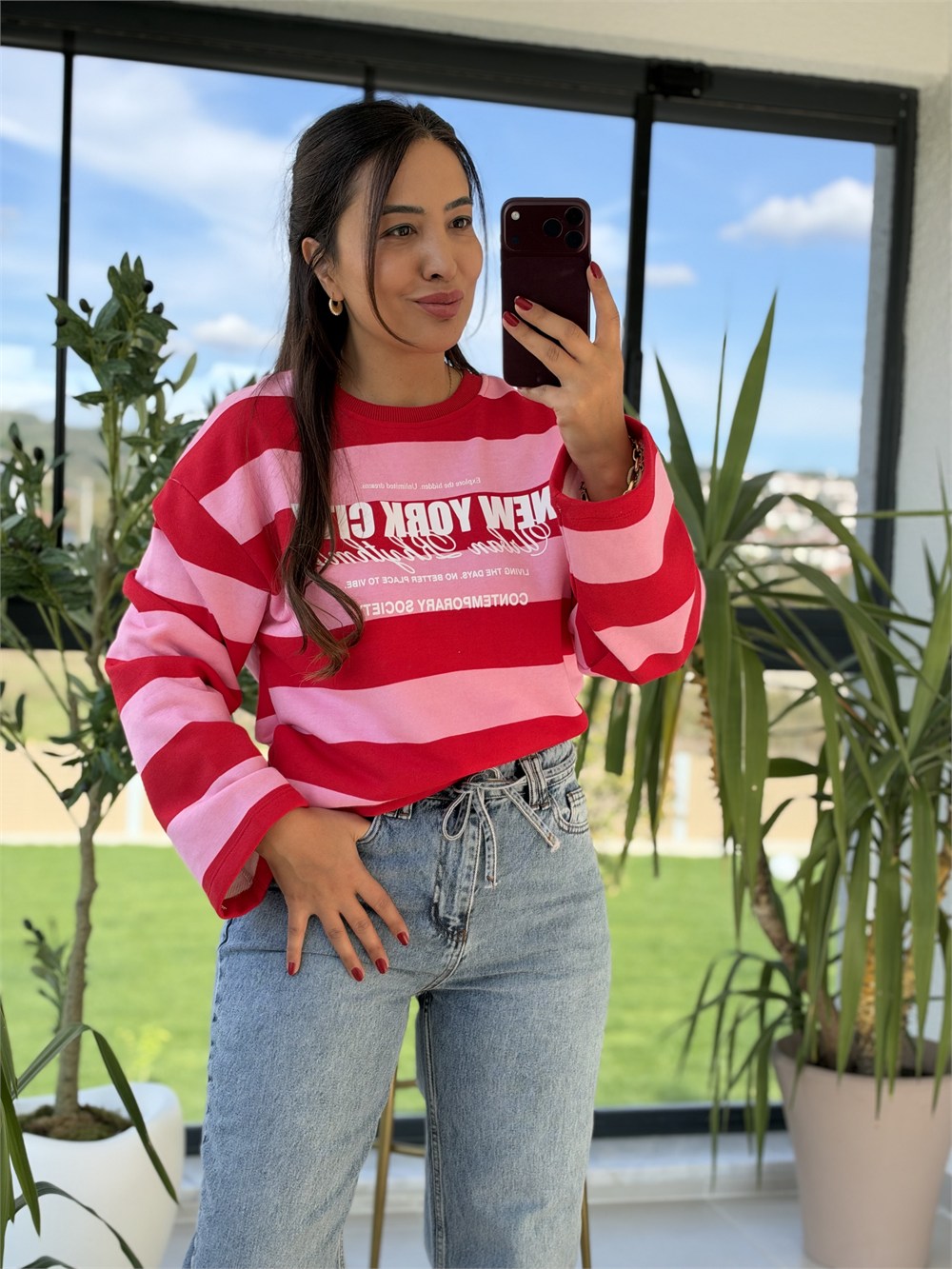 Kalın Çizgili New York Ctiy Sweatshirt Kırmızı