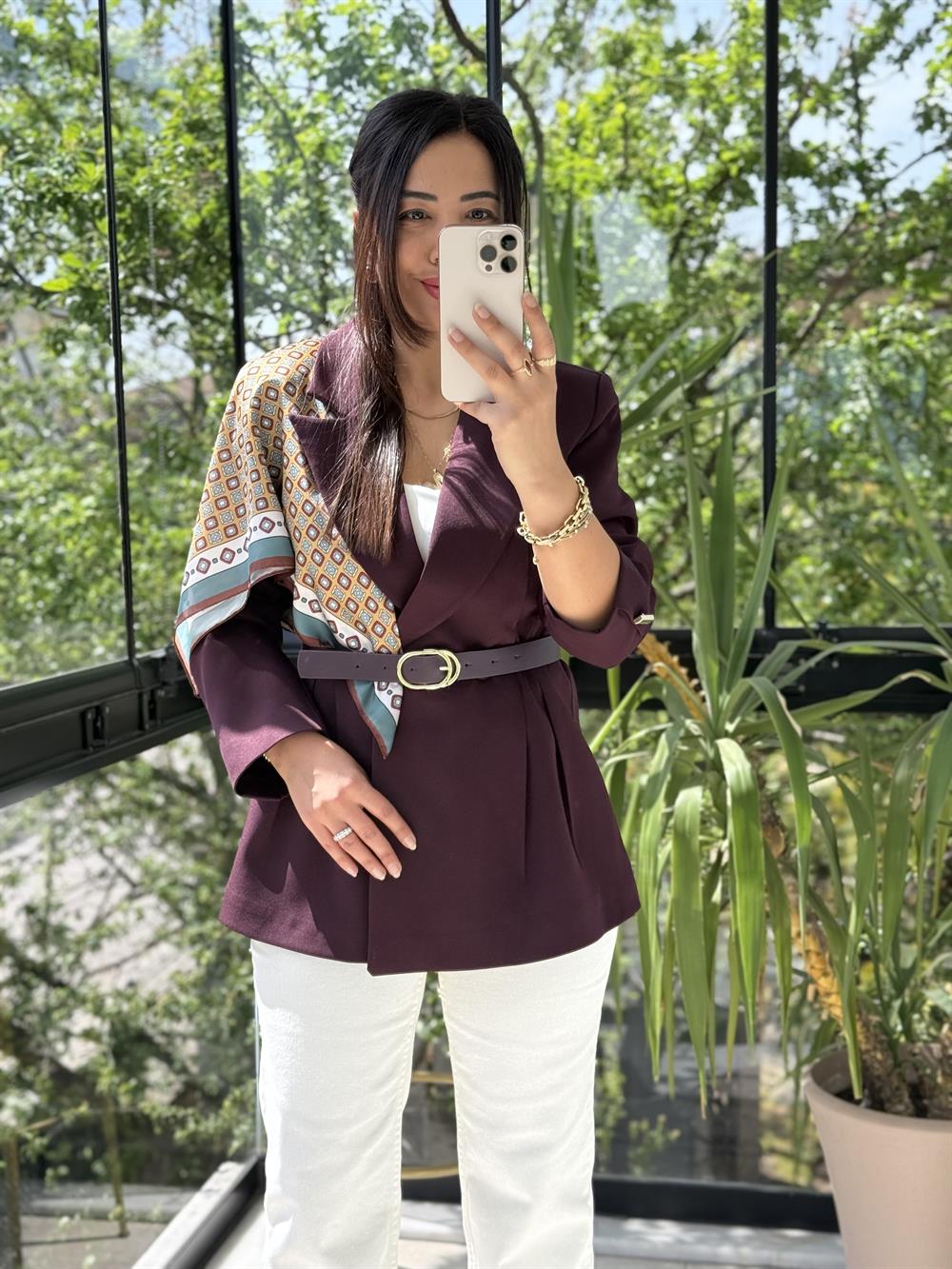 Çift Pileli Şallı Ceket Mürdüm