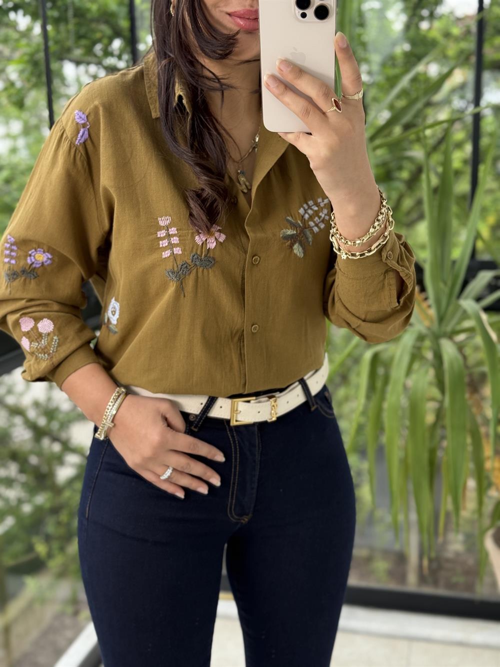 Bahar Nakışlı Gömlek Tütün