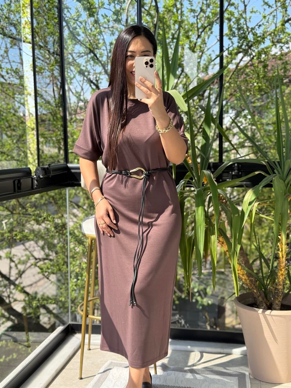 Kemerli Modal Elbise Kahve