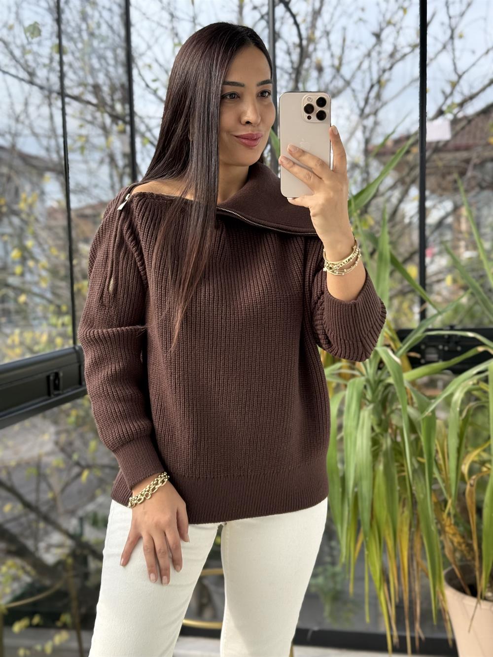 Yandan Fermuarlı Geniş Yaka triko Kazak Kahve