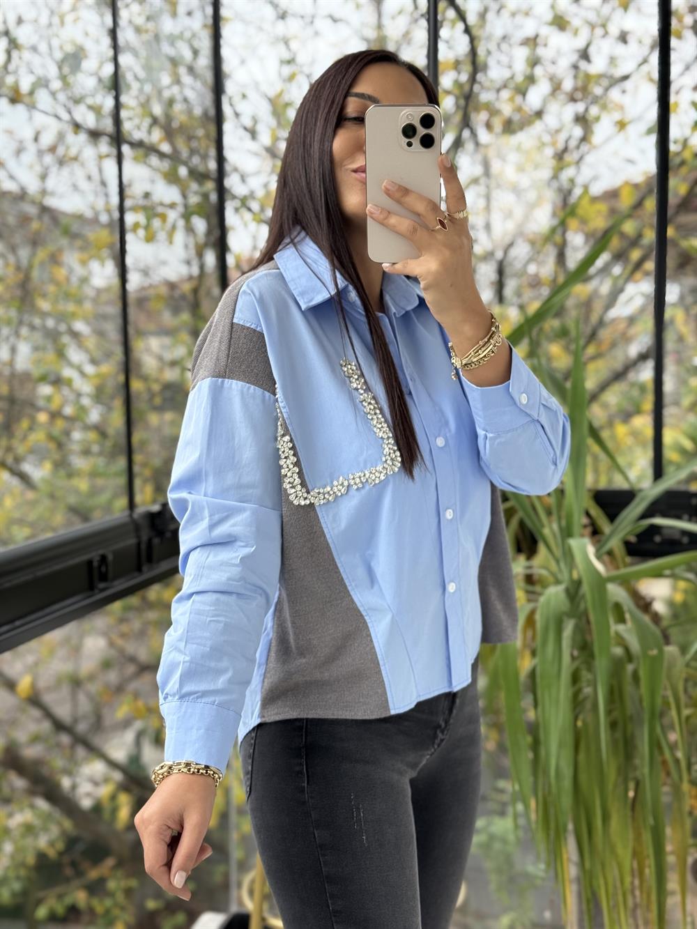 Triko Poplin Taş Detaylı Gömlek Mavi