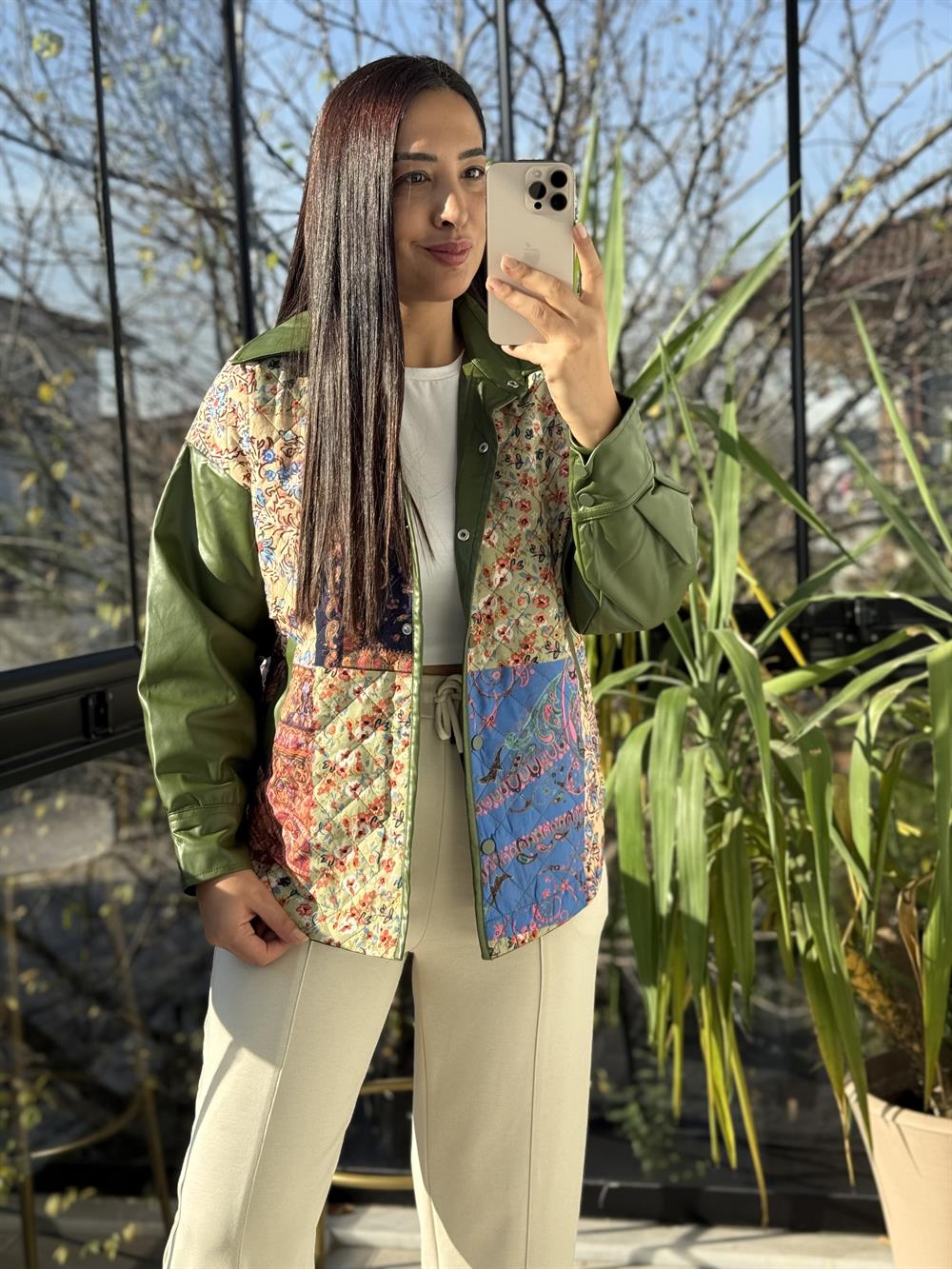 Deri Garnili Kapitone Ceket Yeşil