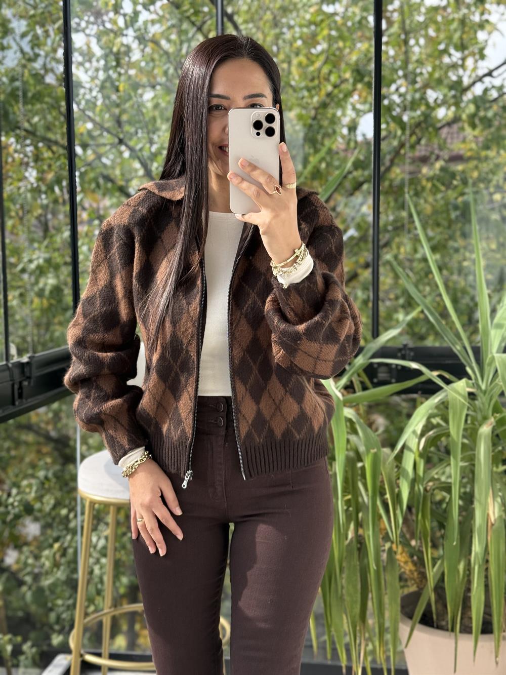 Yakalı Fermuarlı Baklava Hırka Kahve