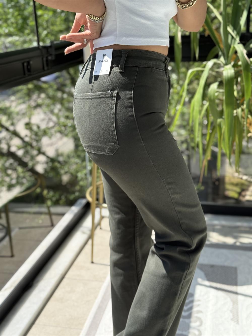 Dekoratif Cep Detaylı Palazzo Kot Pantolon Yeşil