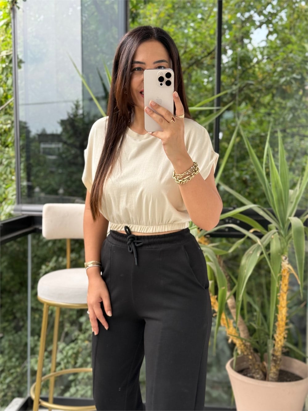 Beli Lastikli Crop Tişört Bej