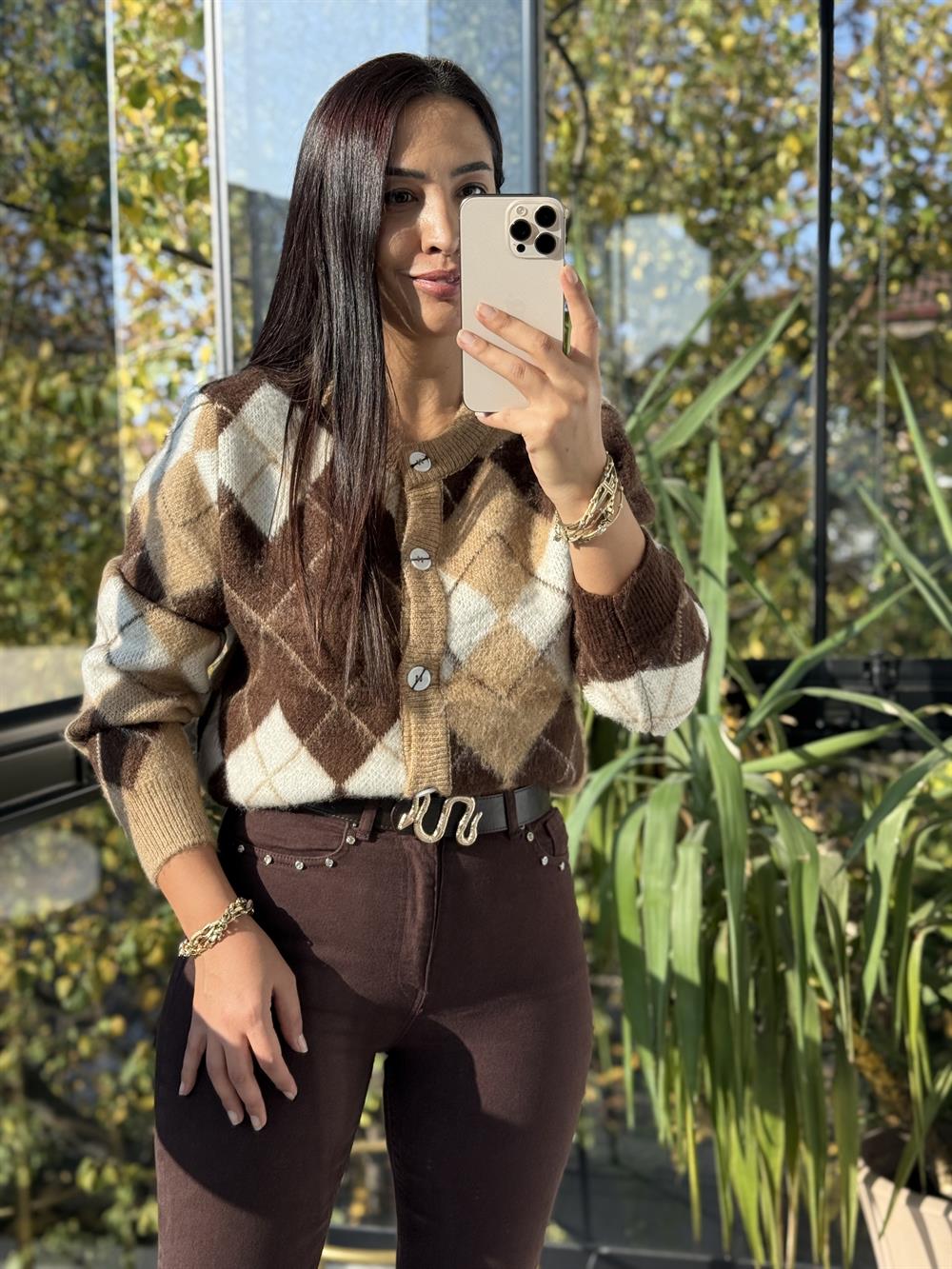 Kısa Baklava Desenli Hırka Kahve