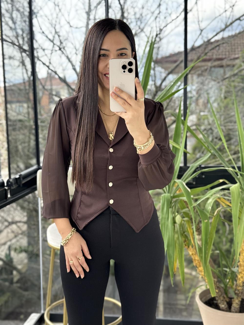 Kolları Tül Detaylı Bluz Kahve