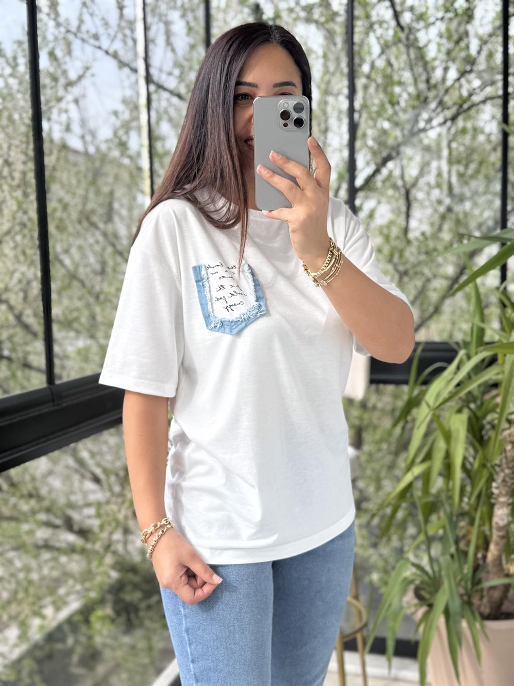 Cebi Kot Yazılı Tişört Ekru