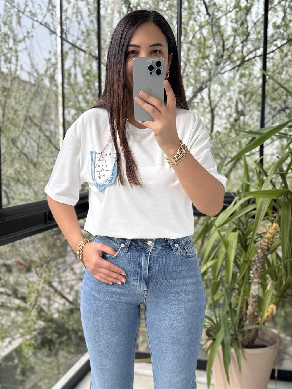 Cebi Kot Yazılı Tişört Ekru