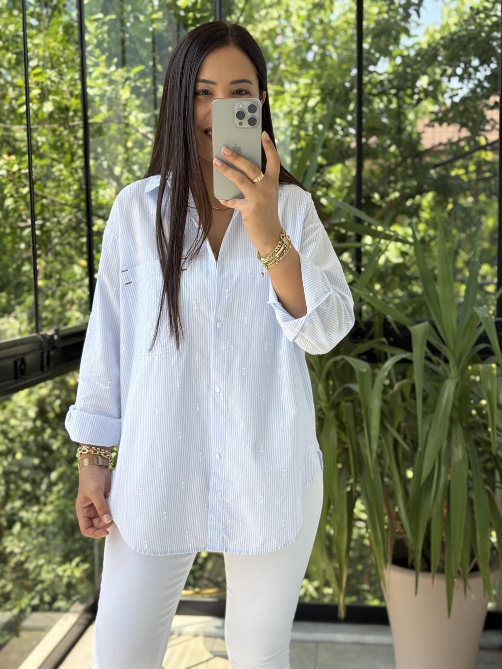 Cebi Nakışlı Pamuklu Gömlek Mavi