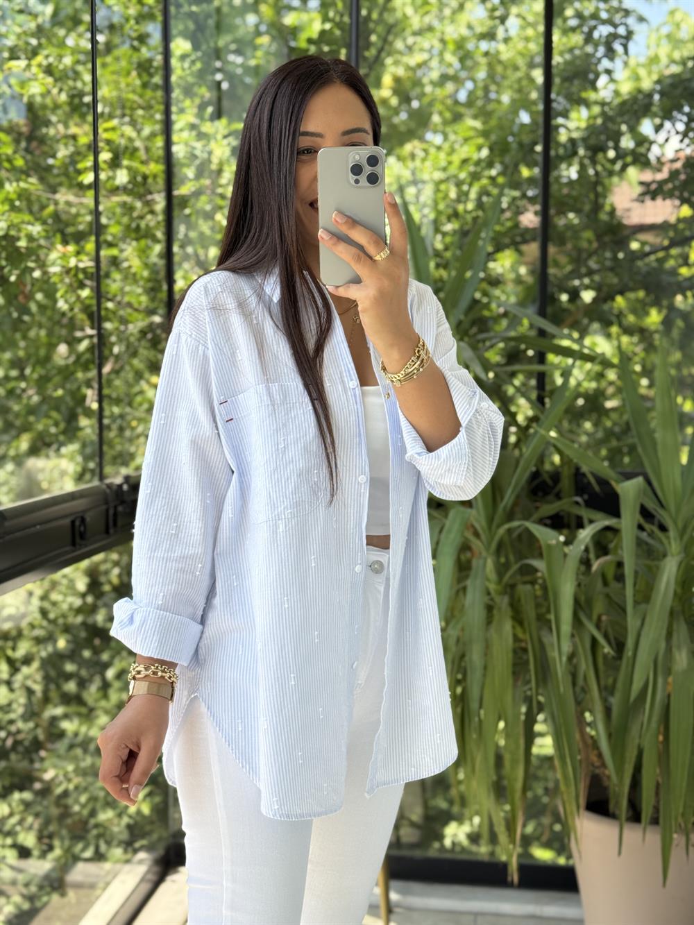 Cebi Nakışlı Pamuklu Gömlek Mavi