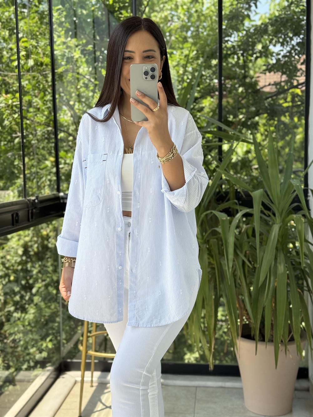 Cebi Nakışlı Pamuklu Gömlek Mavi