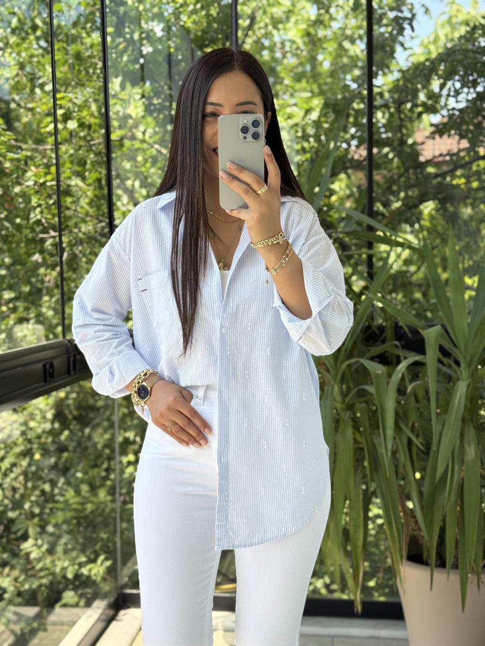 Cebi Nakışlı Pamuklu Gömlek Mavi