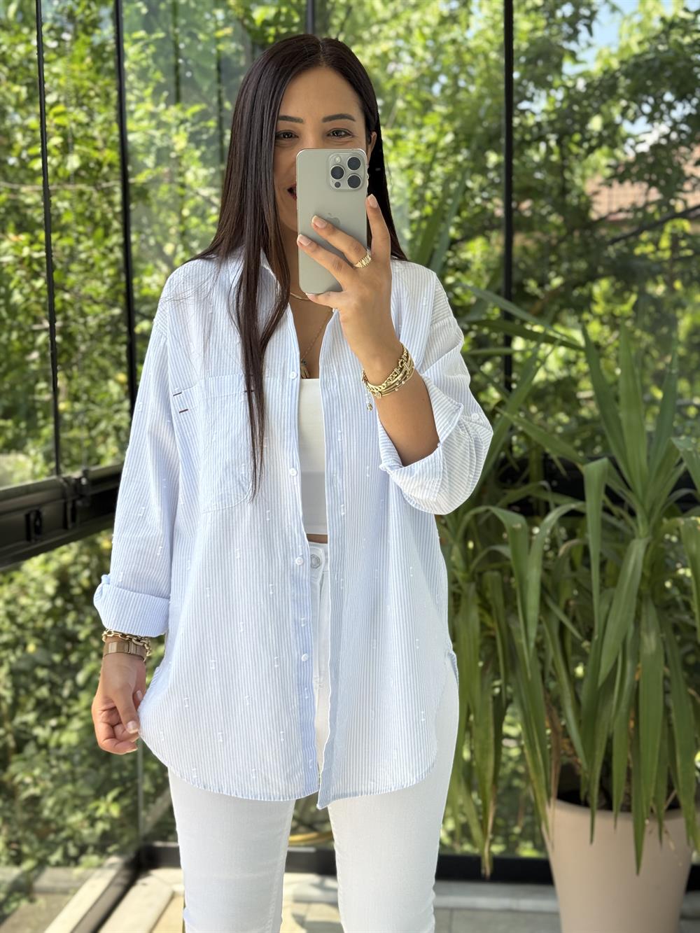 Cebi Nakışlı Pamuklu Gömlek Mavi