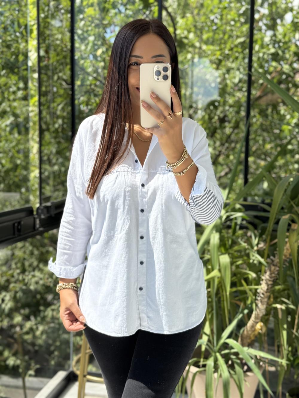 Cep Detaylı Arkası Çizgili Gömlek Beyaz