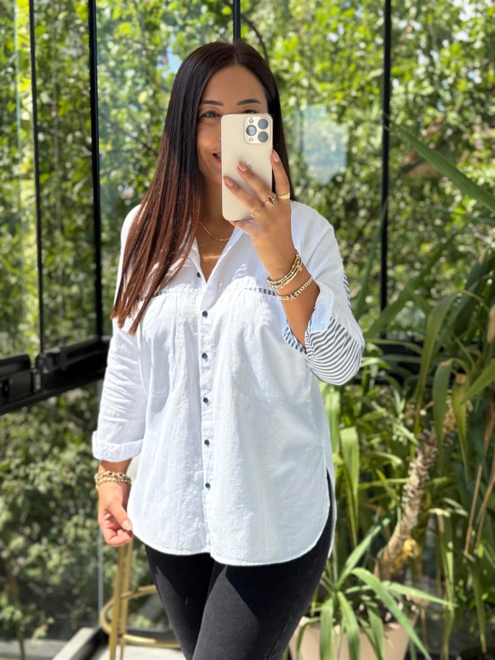 Cep Detaylı Arkası Çizgili Gömlek Beyaz