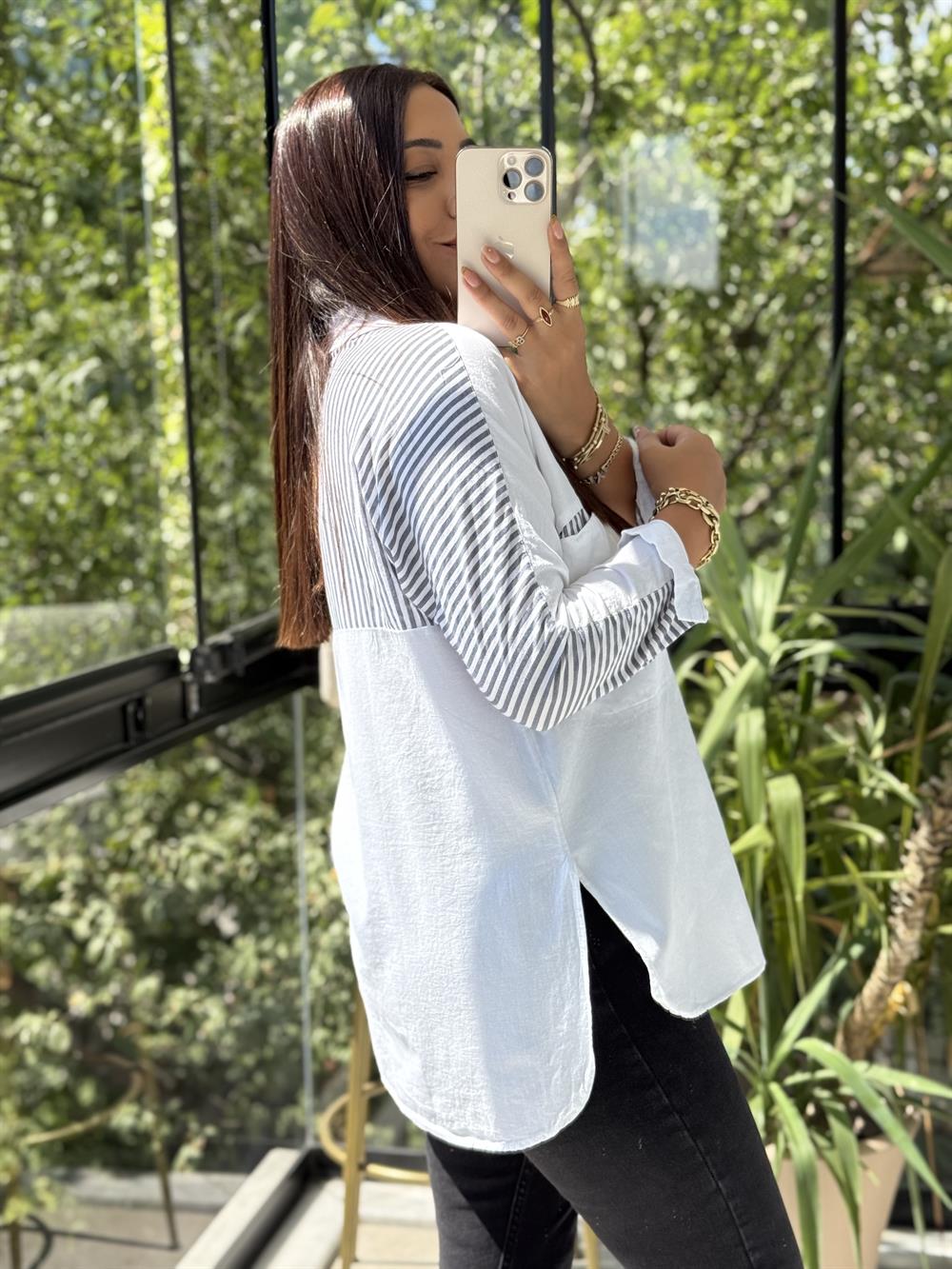Cep Detaylı Arkası Çizgili Gömlek Beyaz