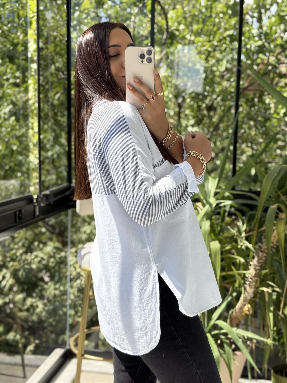 Cep Detaylı Arkası Çizgili Gömlek Beyaz