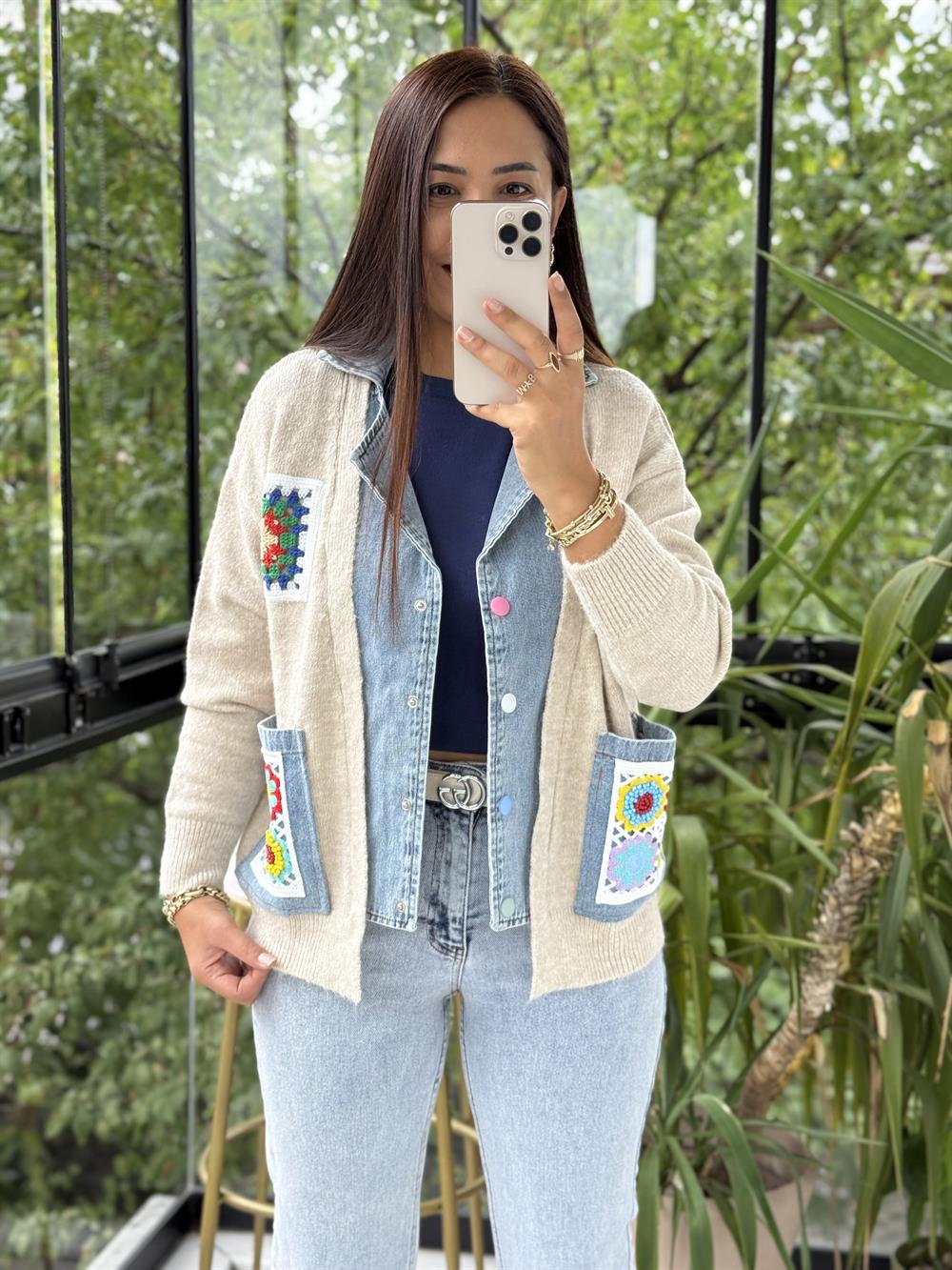 Cepleri Motif Detaylı Parçalı Hırka Taş