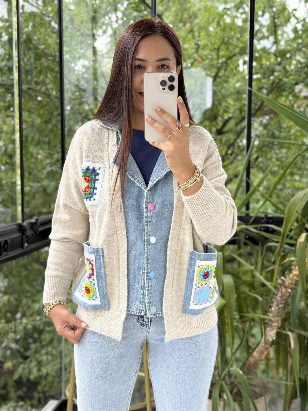 Cepleri Motif Detaylı Parçalı Hırka Taş