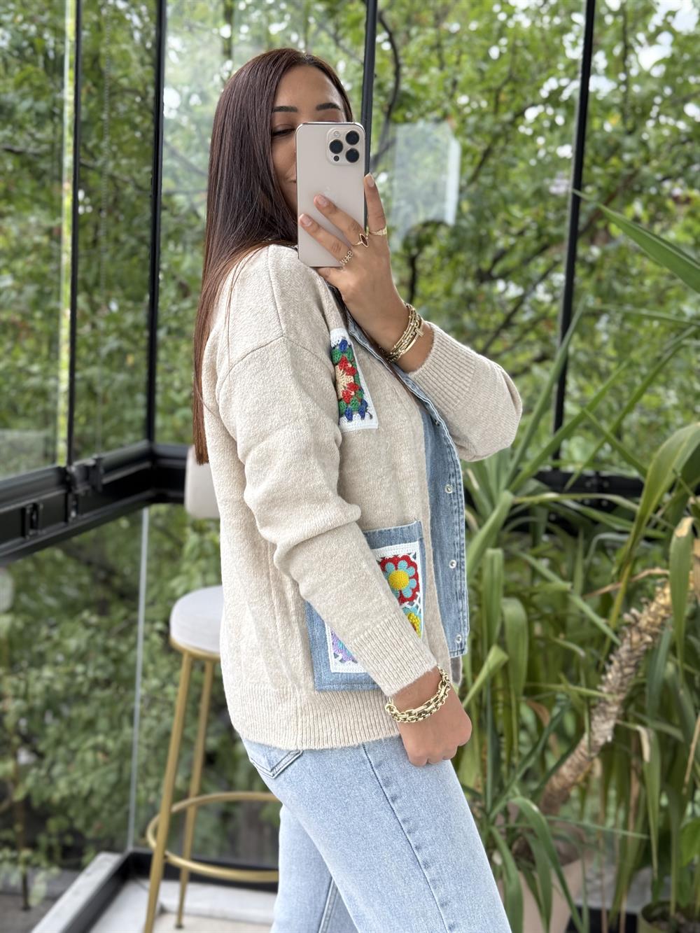 Cepleri Motif Detaylı Parçalı Hırka Taş