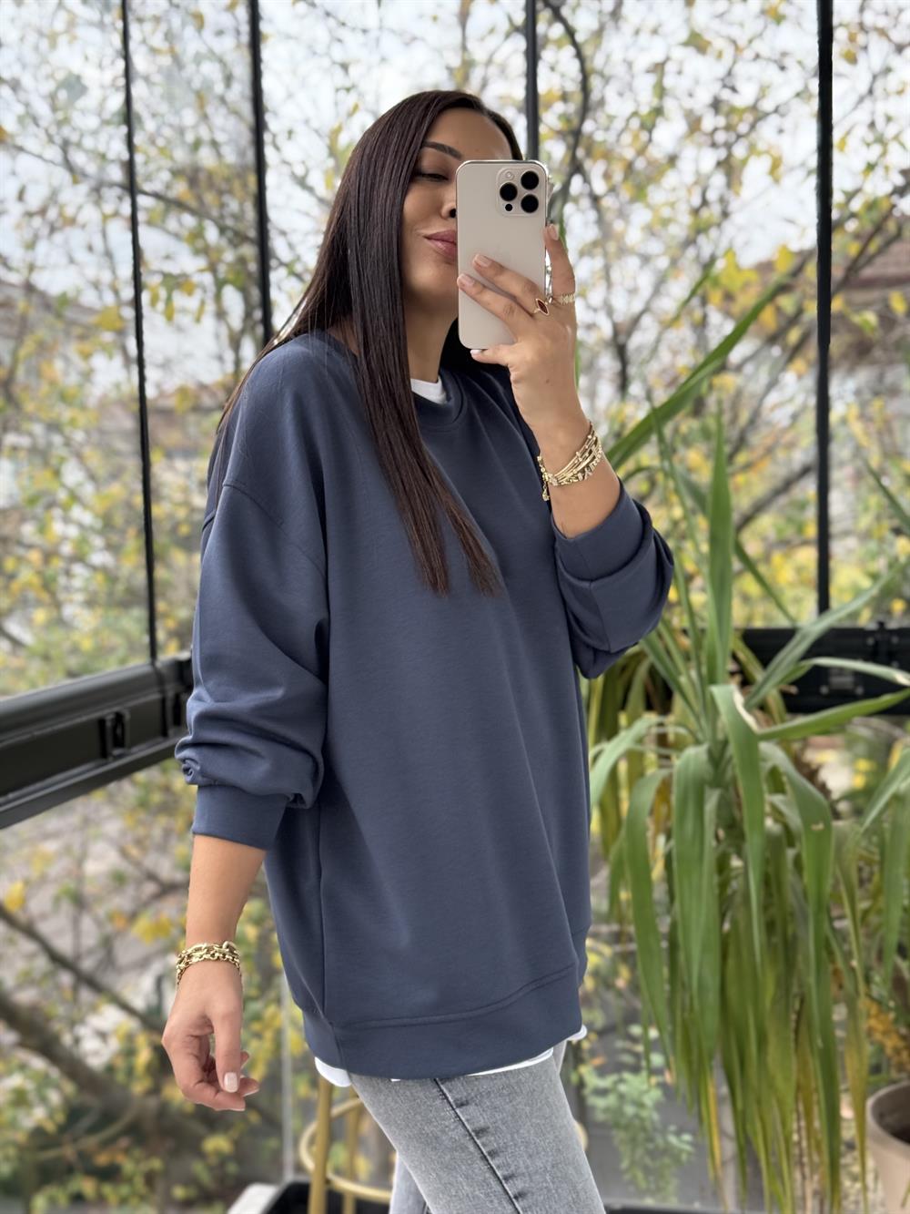 Oysh Basic Sweatshirt İndigo Mavi