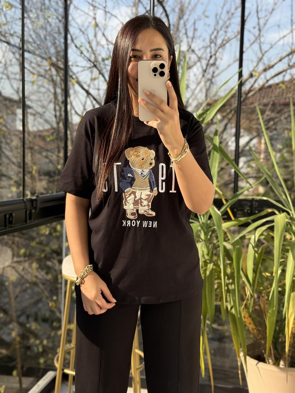 Newyork Yazılı İşlemeli Basic Tişört Siyah