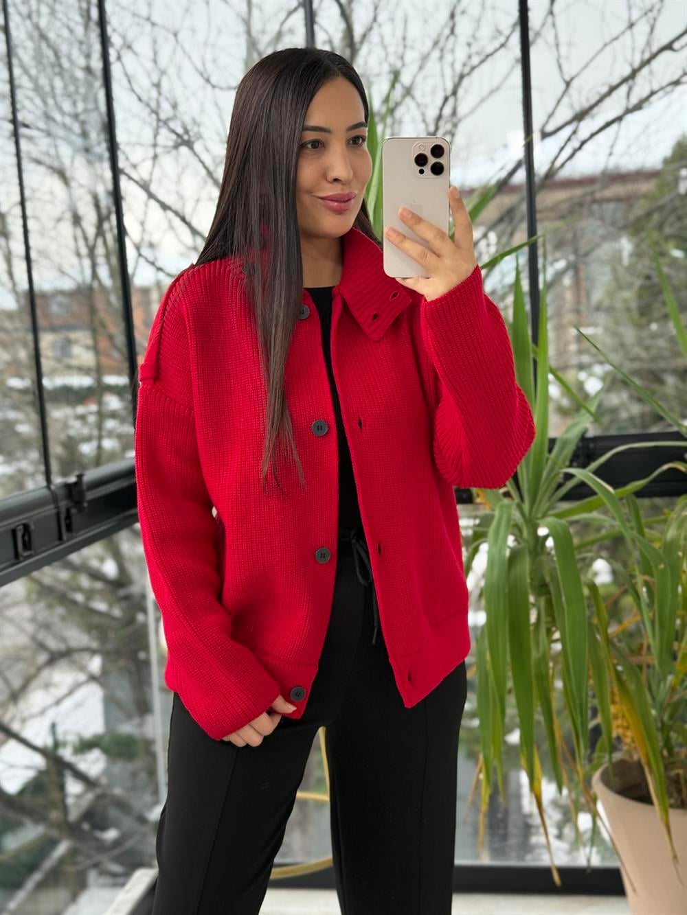 Düğmeli Selanik Örgü Ceket Hırka Kırmızı