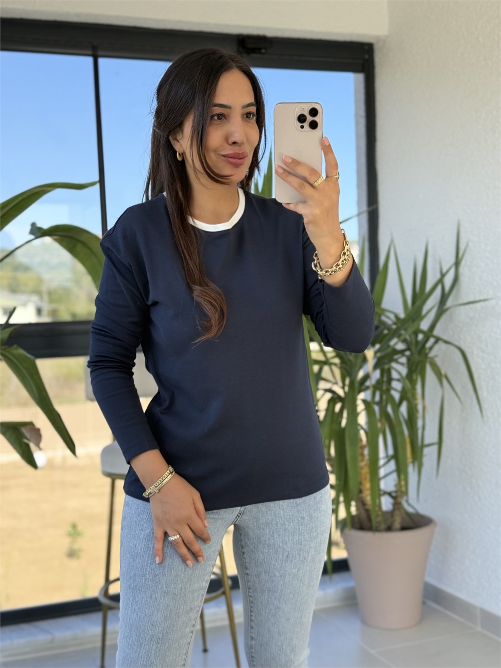 Yakası Biyeli Sweat Bluz Lacivert