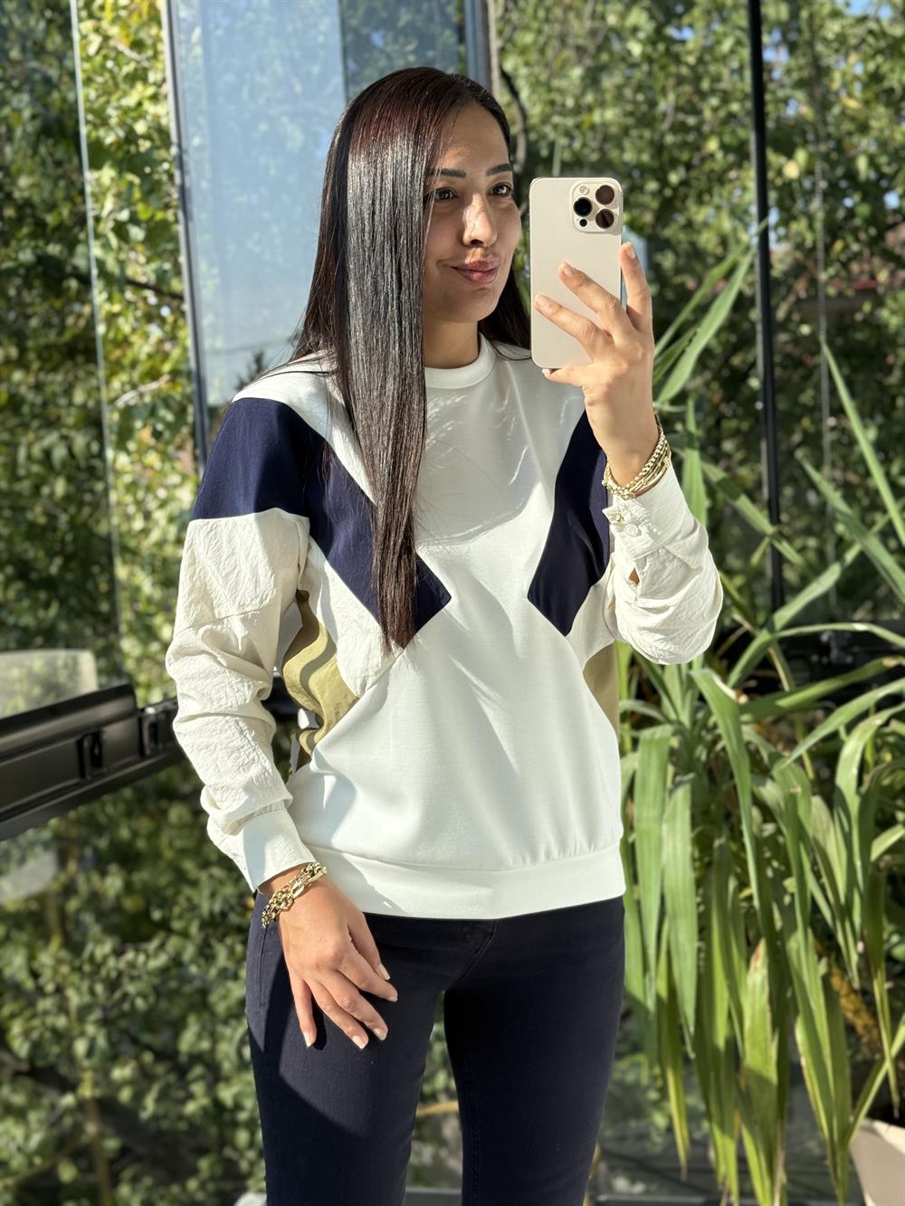 Gömlek Kol Mix Sweatshirt Beyaz