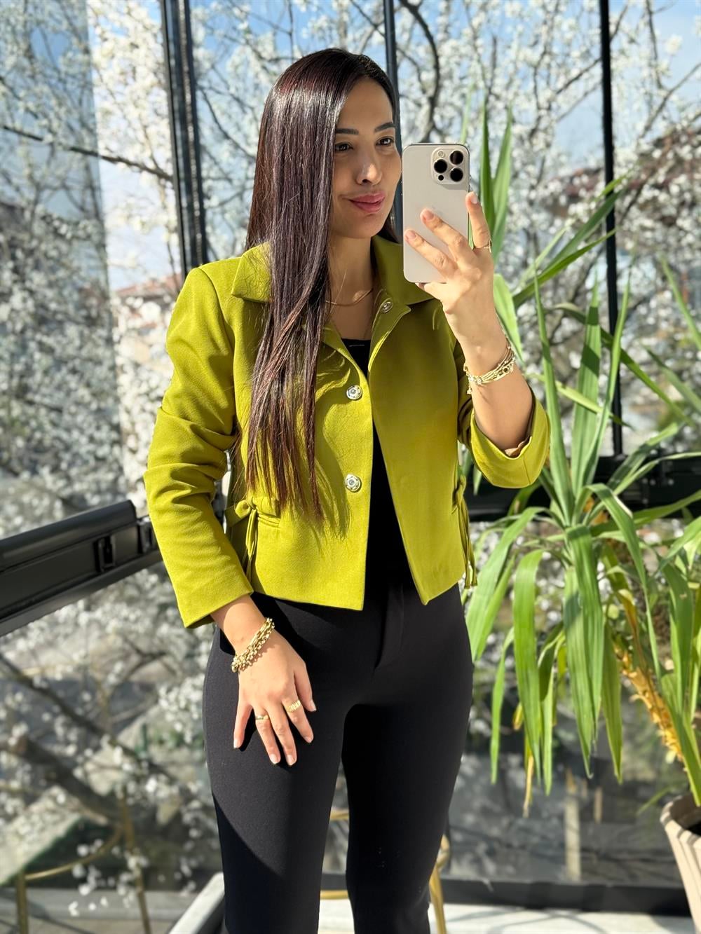 Uzun Kol Fiyonklu Blazer Ceket Kivi Yeşili