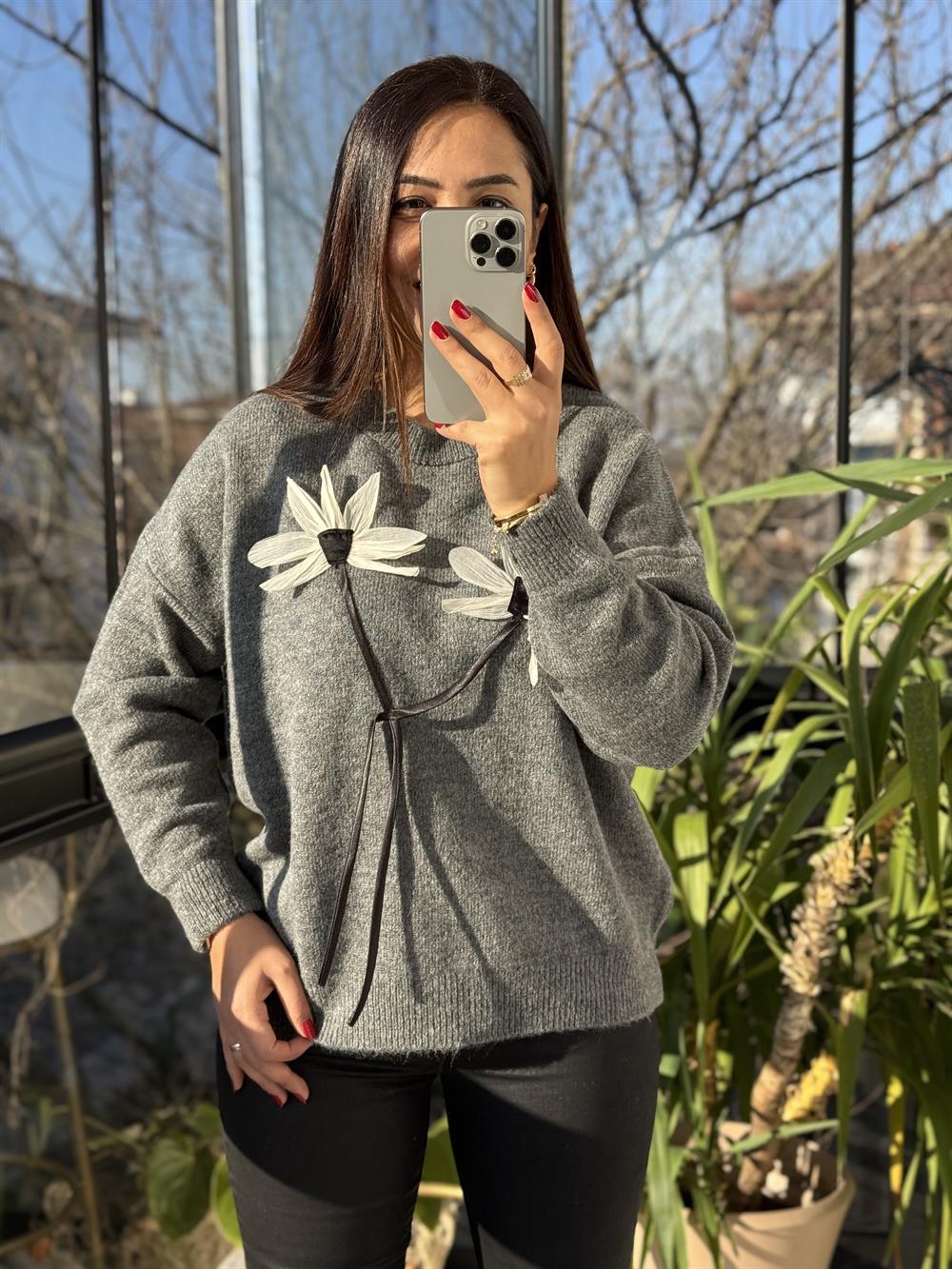 Çiçek Bağlamalı Kazak Antrasit