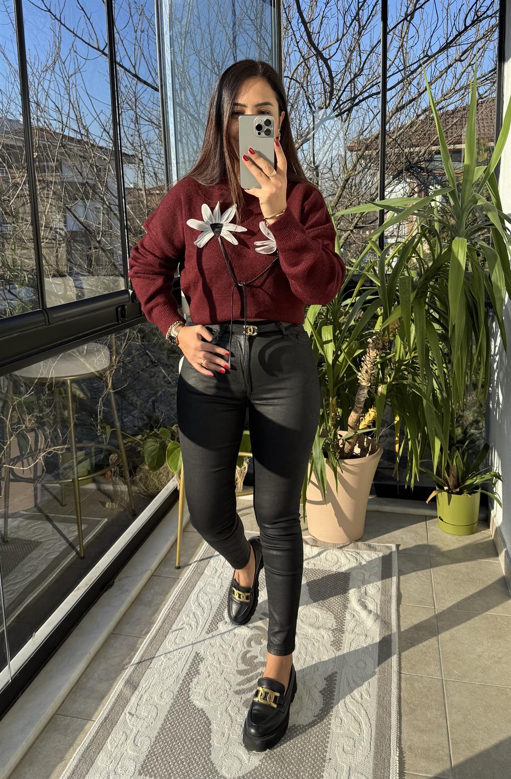 Çiçek Bağlamalı Kazak Bordo