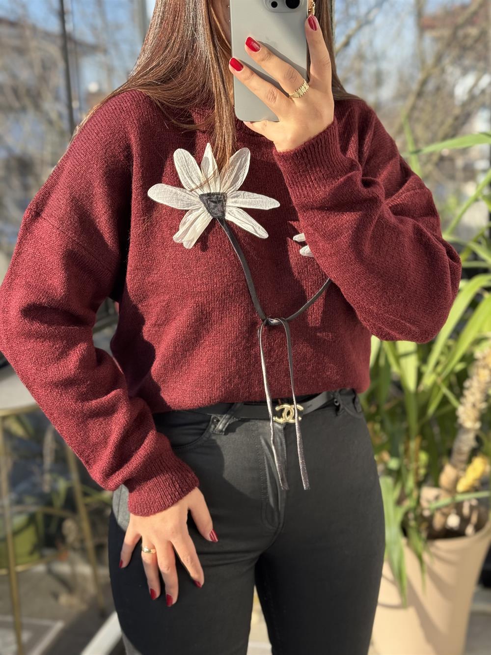 Çiçek Bağlamalı Kazak Bordo