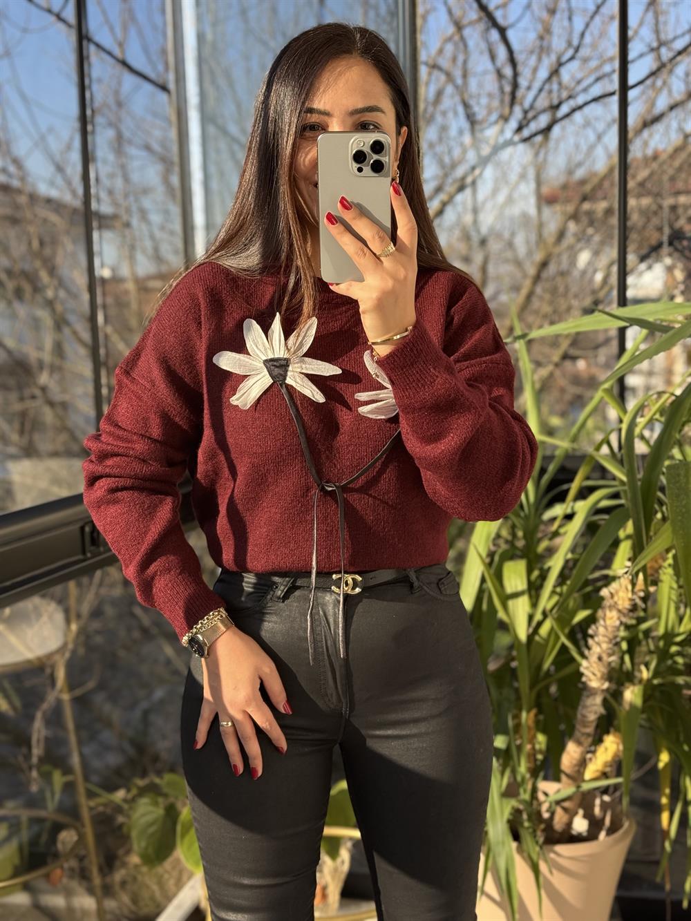 Çiçek Bağlamalı Kazak Bordo